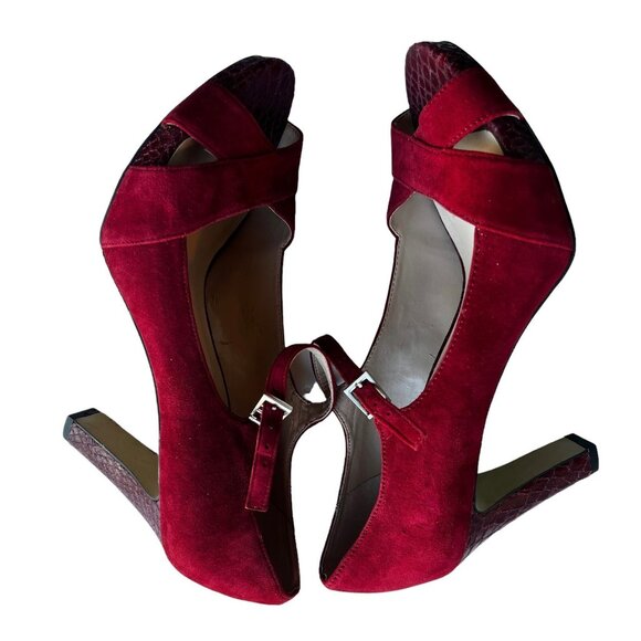 Franco Sarto Women’s Size 9.5 M Heels Maroon & Red Suede Snake Skin Peep Toe - Picture 5 of 11